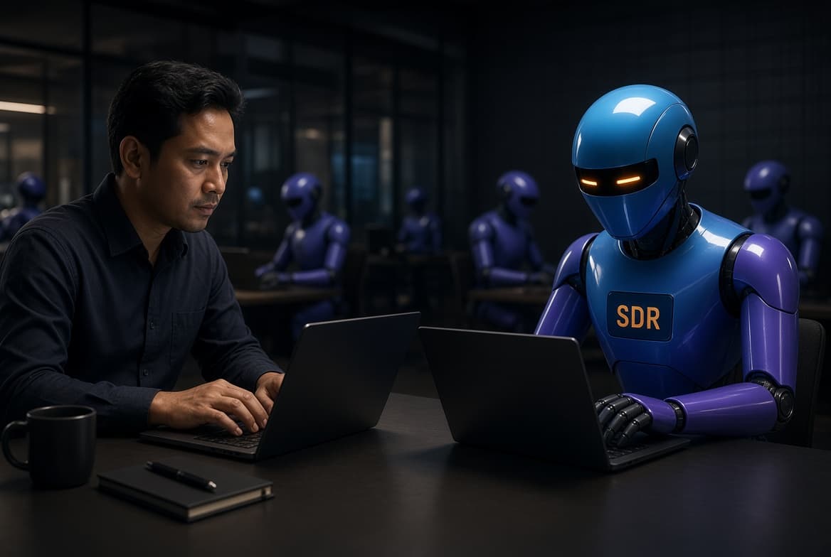 Ilustrasi seorang manusia dan robot SDR bekerja berdampingan di meja yang sama, masing-masing dengan laptopnya